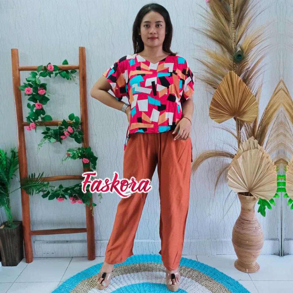 Piyama Wanita Rayon Jumbo Setelan Baju Tidur Kekinian Motif Geometri Lengan Pendek