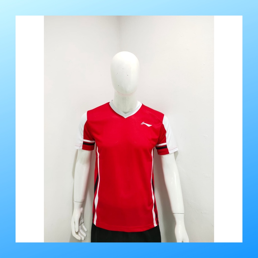 Kaos bulutangkis pria baju badminton atasan jersy wanita dewasa t-shirt outfit seragam kostum jersey olahraga casual suit pakaian jarsey oblong apparel sports jersi sudirman thomas uber cup bulu tangkis L159 merah polos