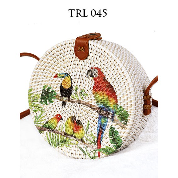 Sweet Honey ~ Grosir Tas Rotan Bulat Murah 20cm Lukis Decoupage Motif Burung TRL045 [Bisa COD]