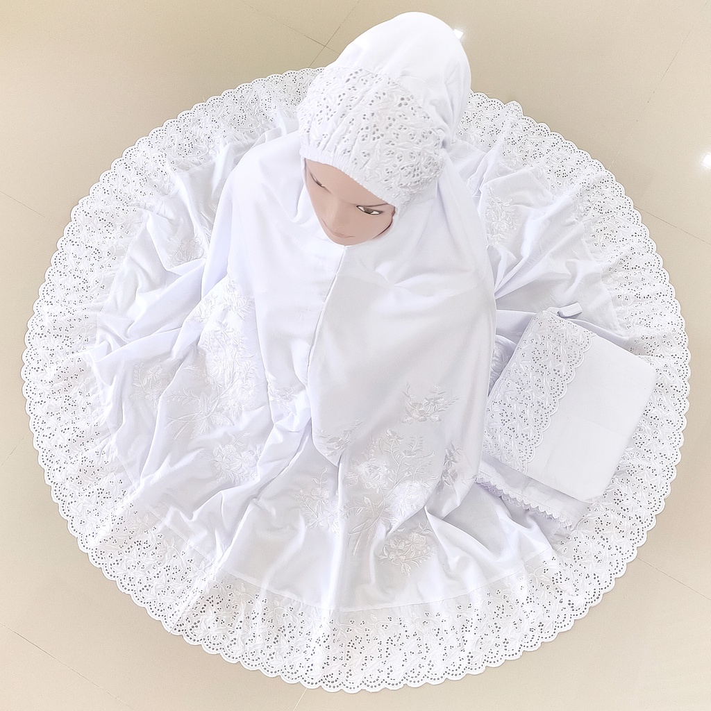 Mukena Khadijah Bordir Bunga Putih Bahan Katun Mikro khas Bukittinggi / Padang