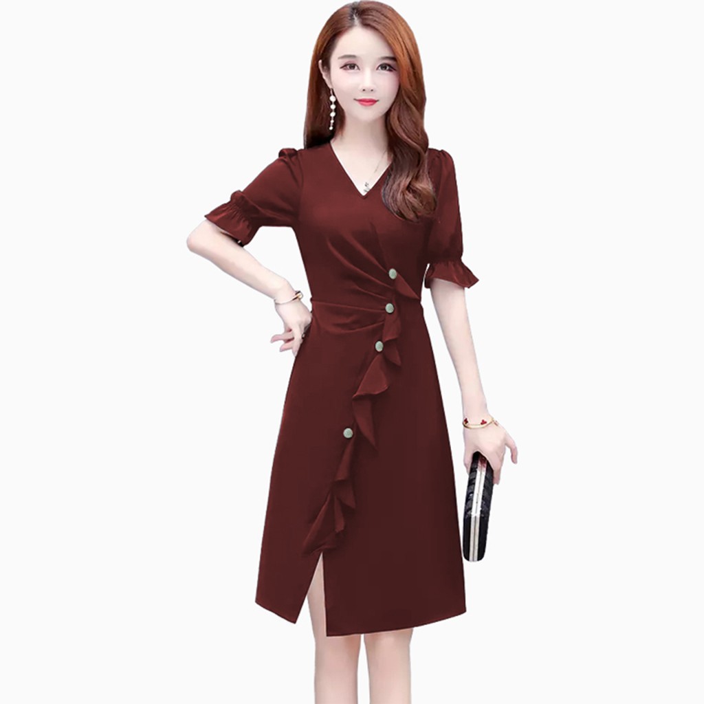 Midi Dress Lengan pendek Gaya korea model terbaru - XSHOP Mayasari