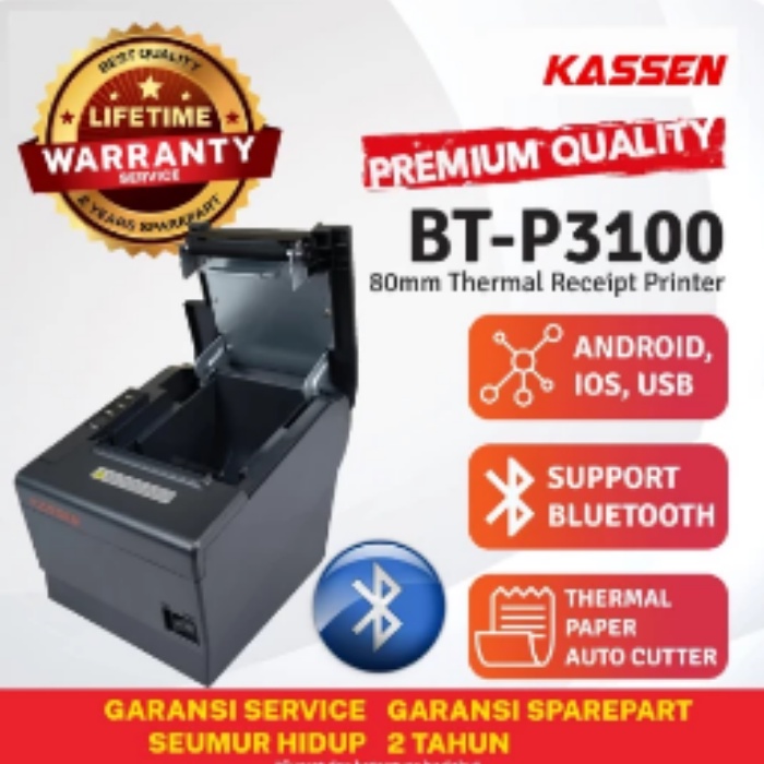 KASSEN BT-P3100 BT P3100BT BLUETOOTH PRINTER KASIR THERMAL PAPER 80 AUTO CUTTER