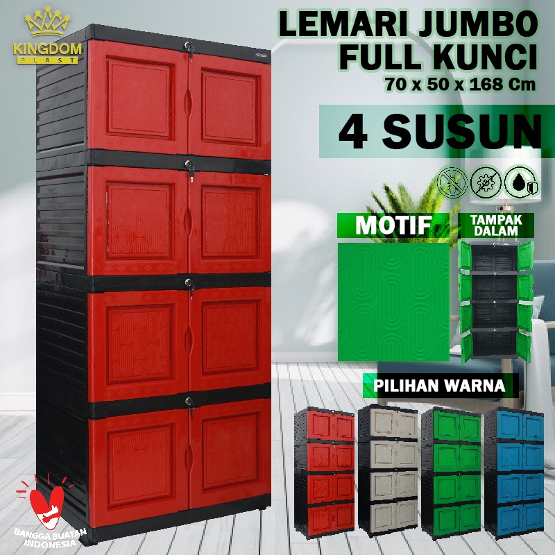 JUMBO - LEMARI PLASTIK SERBAGUNA FULL KUNCI LEMARI PAKAIAN PLASTIK 4 SUSUN KINGDOM MOE 400 FULL KUNCI MOTIF TERBARU