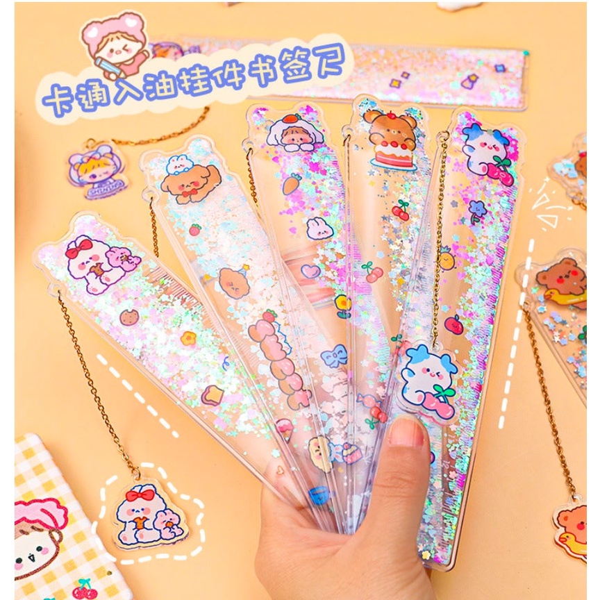 PENGGARIS PLASTIK LENTUR GLITTER RANTAI GANTUNGAN KARAKTER LUCU / PENGGARIS QUICKSAND MOTIF LASER 15 CM / PEMBATAS BUKU LENTUR BLINK BLINK GANTUNGAN LUCU / CUTE RULER BOOKMARK