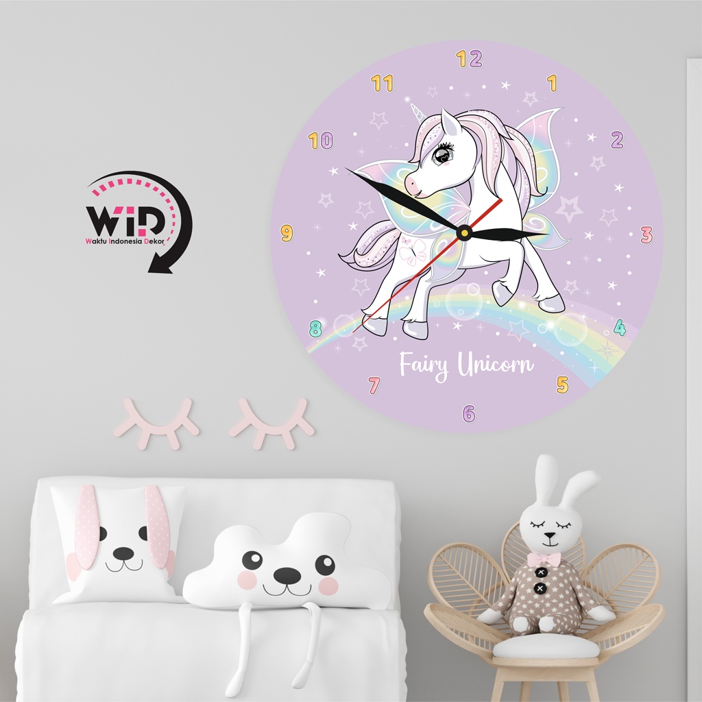 Jam Dinding Kayu Unicorn Hiasan Kamar Tidur Anak Perempuan Wall Clock Rumah Karakter Kuda Poni Lucu
