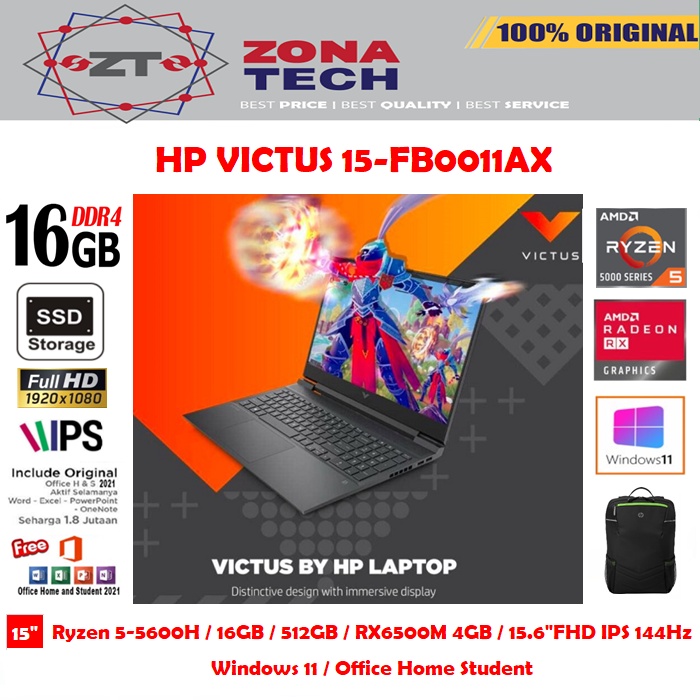 HP VICTUS GAMING 15 FB0011AX - RYZEN 5-5600H - 16GB - 512GB SSD - RX6500M 4GB - 15.6&quot;FHD IPS 144Hz - WIN11 - OHS