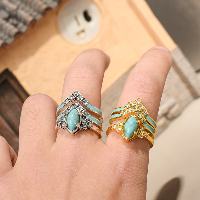 3pcs / Set Cincin Wanita Hias Turquoise Berlian Imitasi Gaya Retro Untuk Pesta Pernikahan / Hadiah