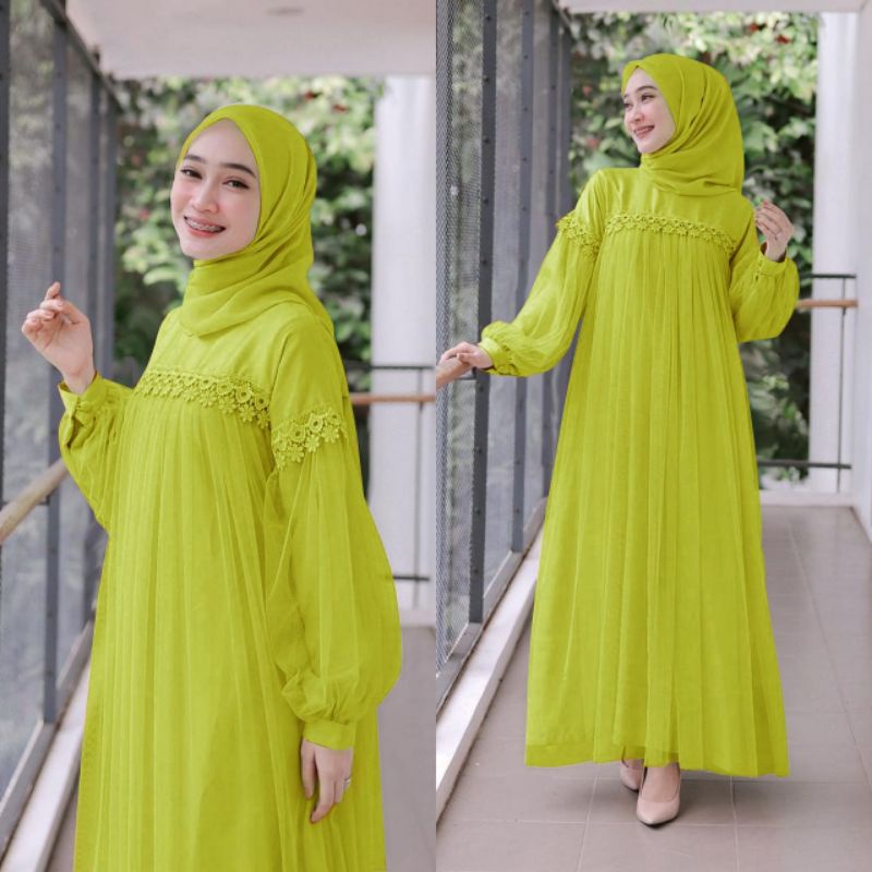 MAXY NURAINI DWS, RENDA TILE, MOSCREPE, GAMIS HIJAB MUSLIM, DRESS, 3 UKURAN-Lime