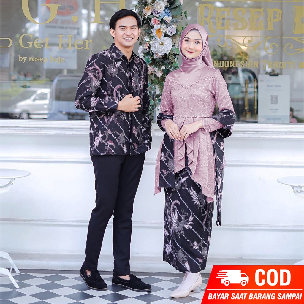 COD - Kebaya Batik Couple Farisha Brokat Tille Mutiara Sarimbit Brokat Lamaran Dan Kondangan Kekinian Kebaya Wisuda  Kemeja Pria Lengan Panjang Size M,L,XL JUMBO