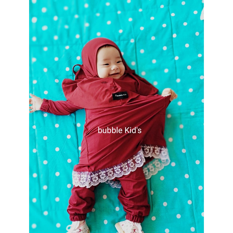 Setelan Gamis Hijab Alena Pakaian Anak Perempuan Bayi Anak Balita Fashion Muslim Katun Polos Renda 0-2,5 Tahun