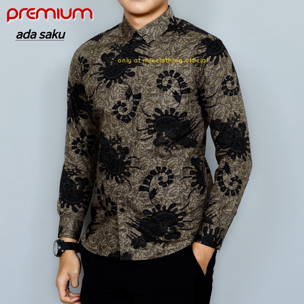 New Premium Baju Kemeja Batik Pria Slimfit Lengan Panjang 1833 Abu Grey