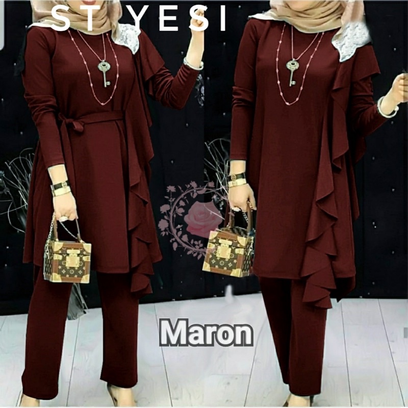 ST YESI/ SETELAN WANITA HIJAB SIZE L, XL, 2XL/ ONE SET BAHAN MOSSCREPE/ SET WANITA LENGAN PANJANG TERBARU-MAROON TUA