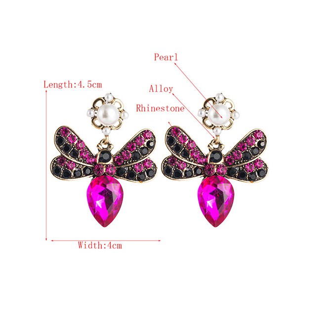 LRC Anting Tusuk Fashion Butterfly Alloy Multi-layer Rhinestone Pearl Earrings D94355