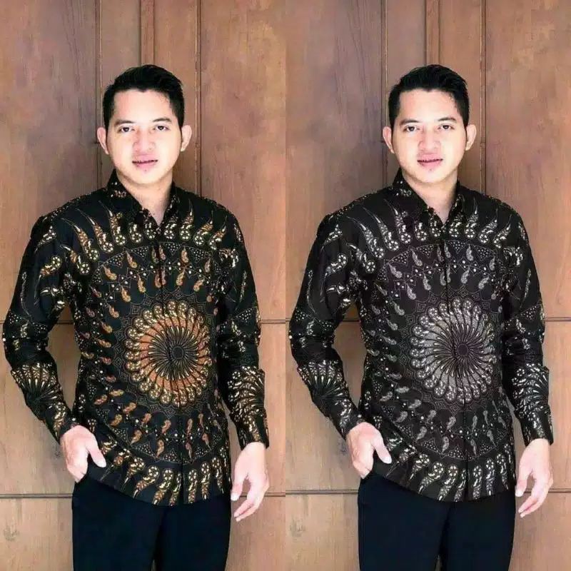 ATASAN KEMEJA HEM BATIK PRIA COWOK LENGAN PANJANG HITAM COKLAT ABU MOTIF MATAHARI ML XL SIMPLE KERJA
