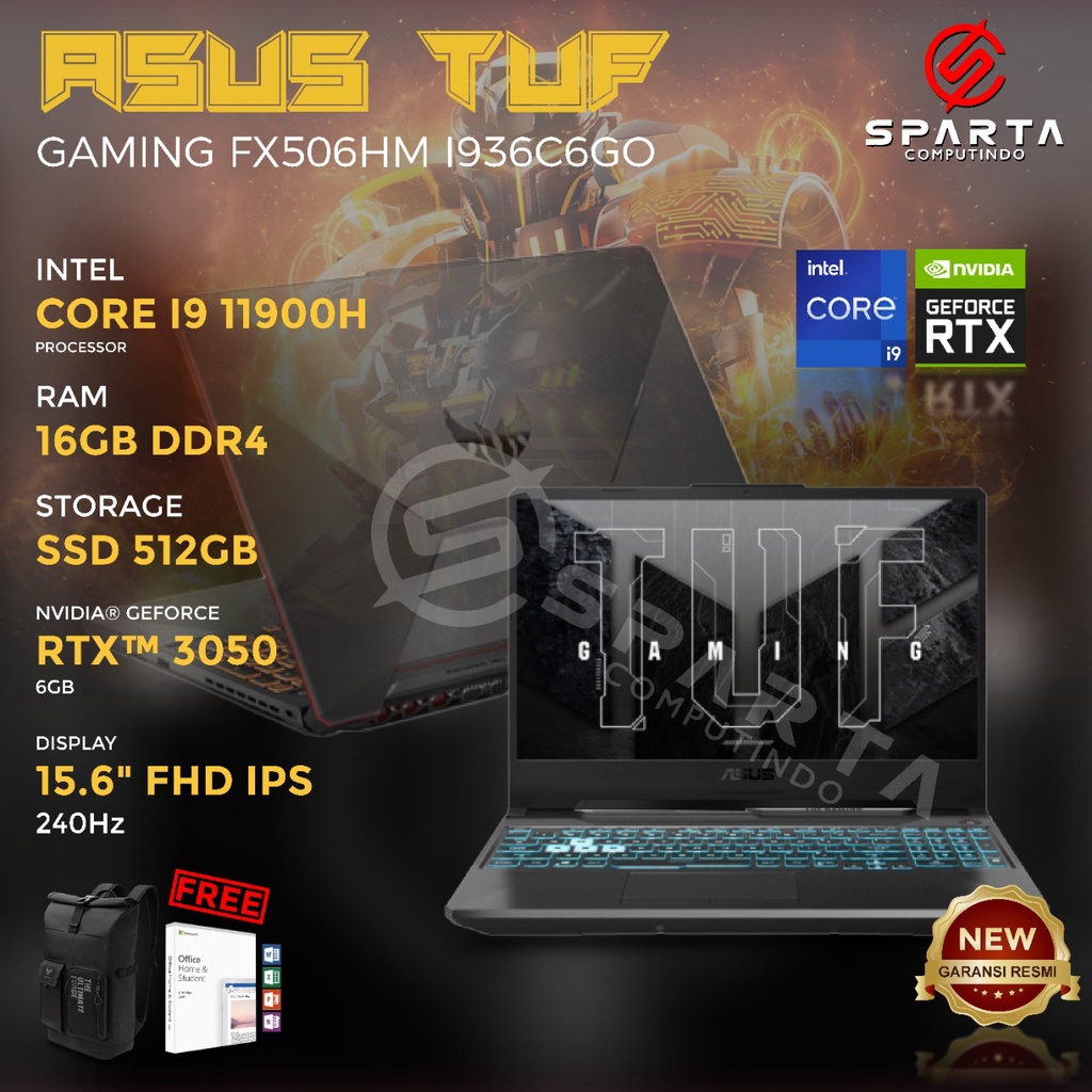 LAPTOP GAMING ASUS TUF FX506HM I936C6GO I9 11900 16GB 512SSD RTX3060 6GB W10+OHS 15.6FHD 240HZ IPS RGB 90W BLK