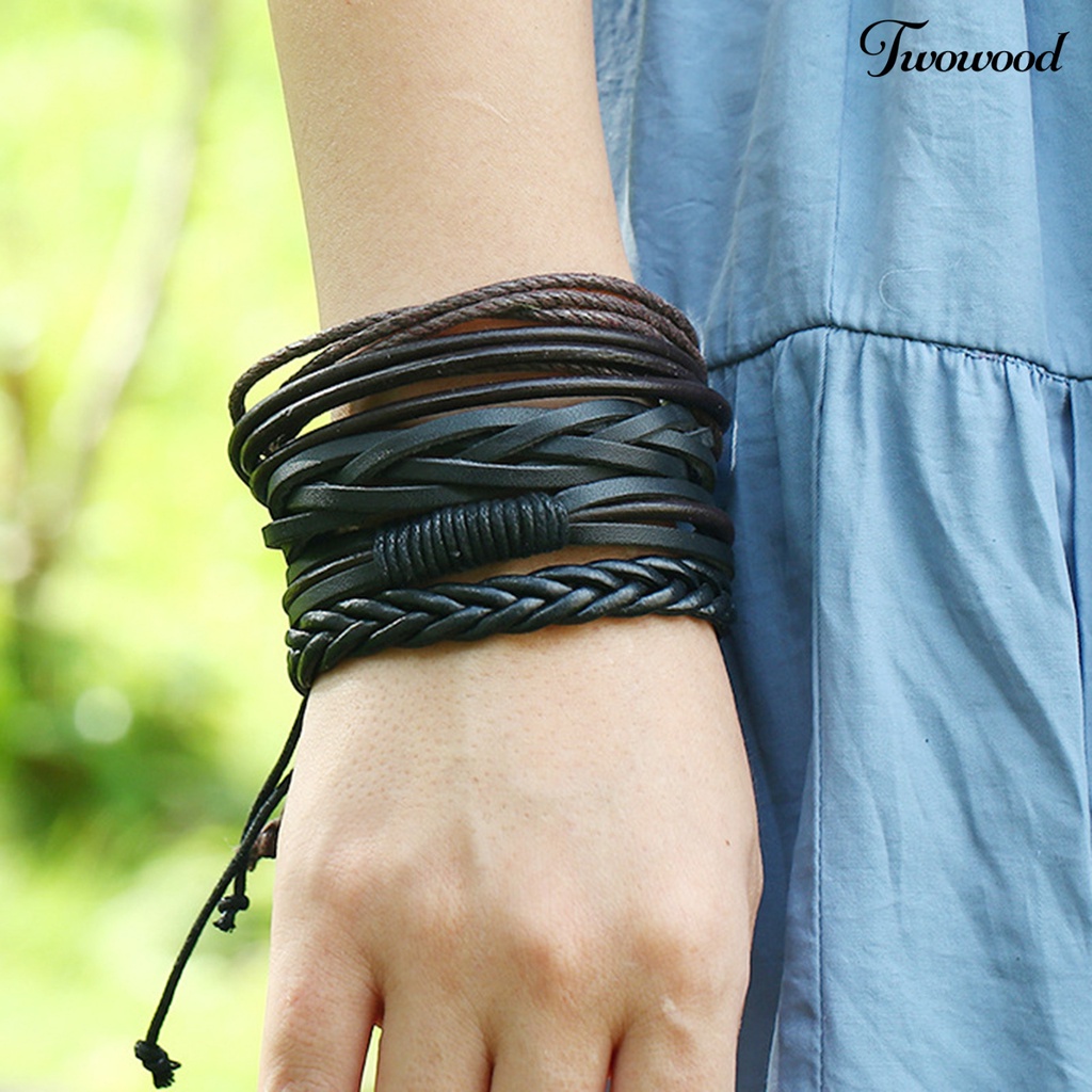 4pcs / Set Gelang Tali Multilayer Adjustable Handmade Bahan Kulit Imitasi Untuk Unisex