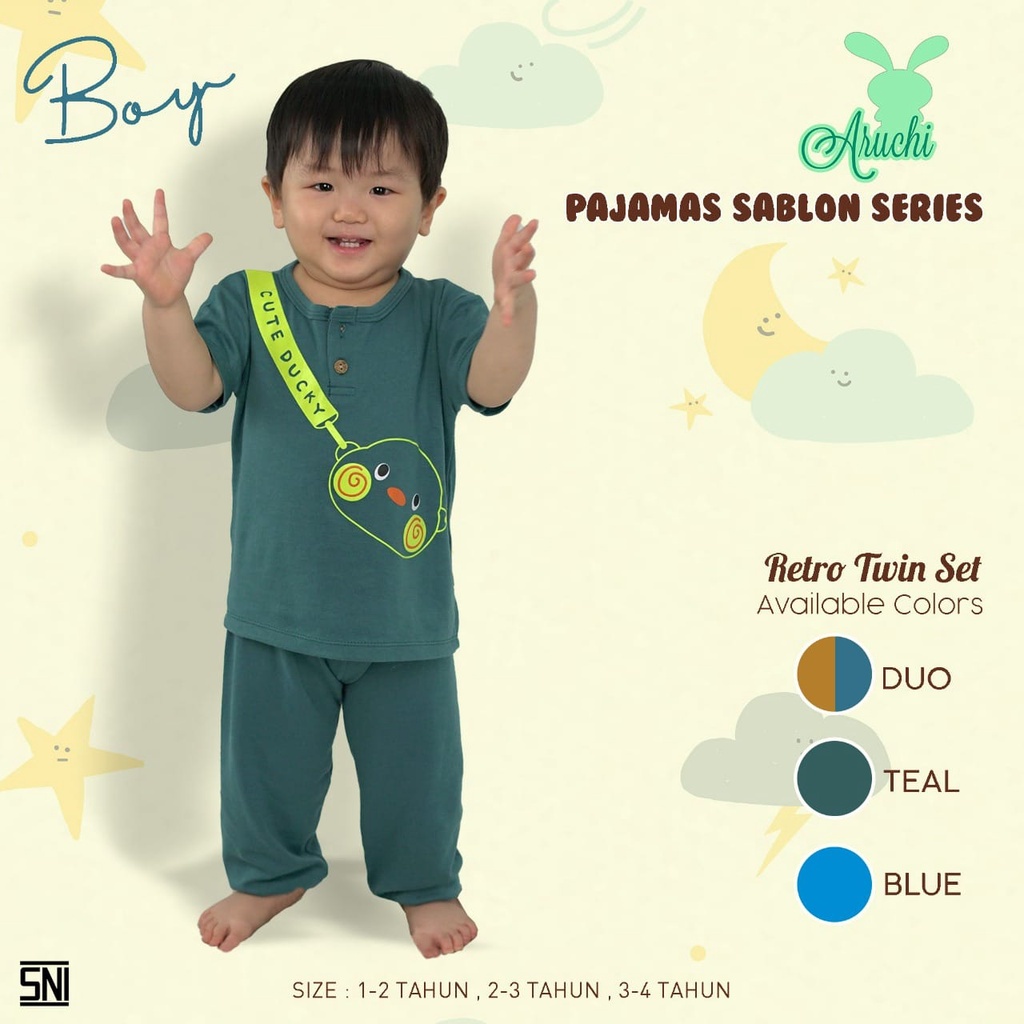 ARUCHI SETELAN PIYAMA RETRO TWIN SET SABLON SETELAN BAJU PENDEK CELANA PANJANG ANAK UNISEX 1 - 3 TAHUN