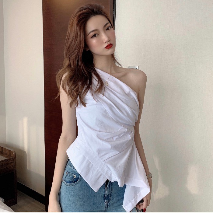 suhao Baru Tidak Teratur Kemeja Putih Licik Desain Off-Shoulder Tanpa Lengan Oblique Bahu Pinggang P