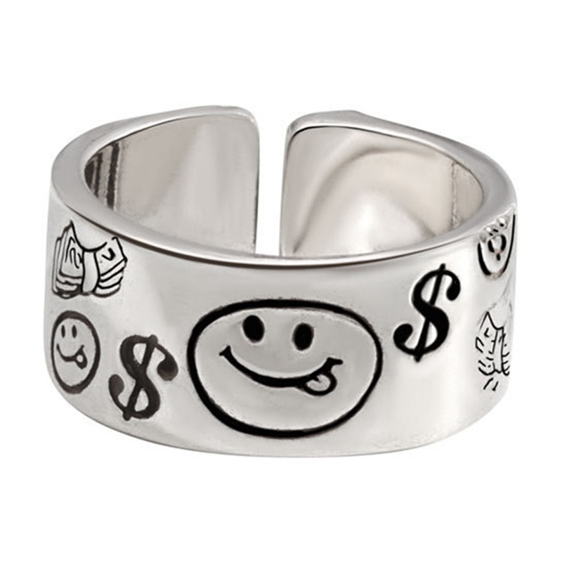 Perhiasan Cincin Sterling Silver 925 Wanita Adjustable Desain Bintang Smiley Face Vintage