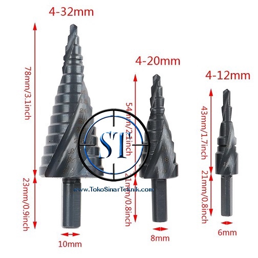 3 Set Mata Bor Pagoda Spiral Titanium Coated HSS Metal Step Drill Black Nirit ISi 3 Ukuran Besi Baja Kayu