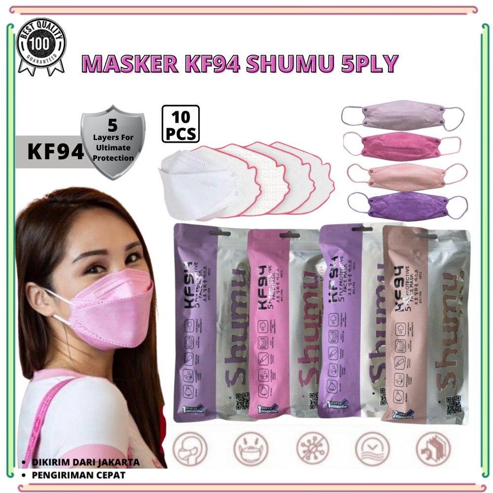 MASKER KF94 SHUMU 5PLY EMBOSS WARNA 1 PACK 10 PCS BONUS KONEKTOR HIJAB ORIGINAL MASKER KF94 WARNA