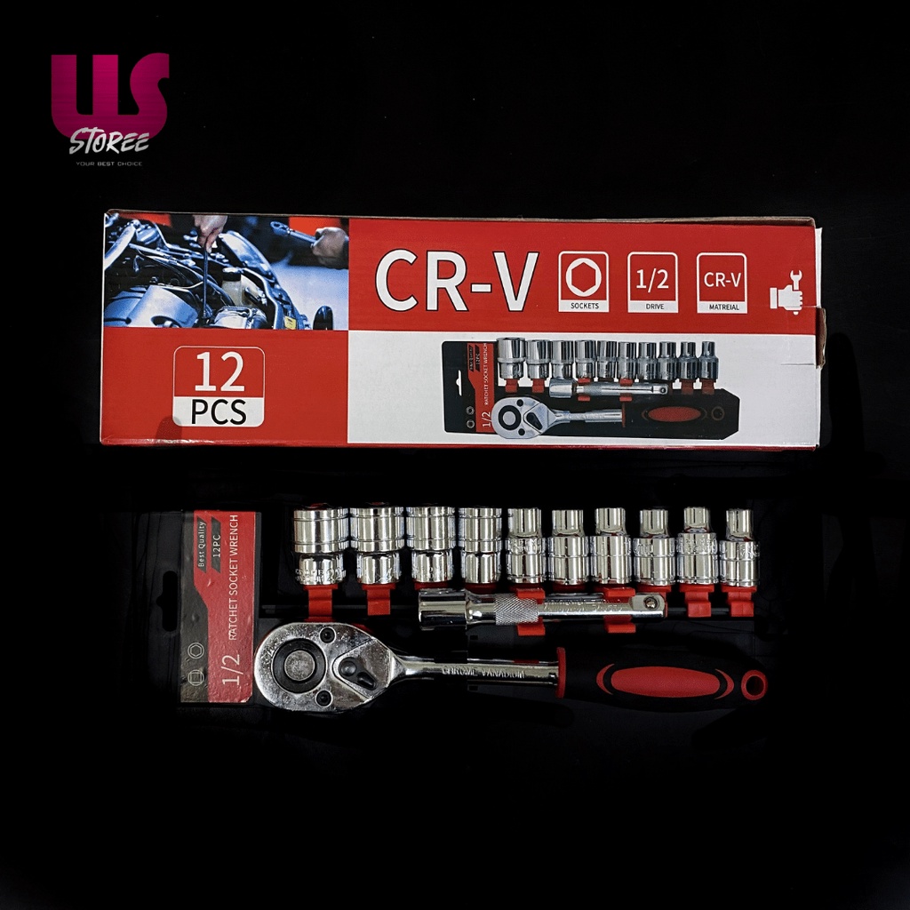 Kunci Socket Set 12 pcs Kunci Shock Kunci Pas sok set 1/2&quot; 1/4&quot; 3/8&quot; Ratchet Wrench CR-V 12in1