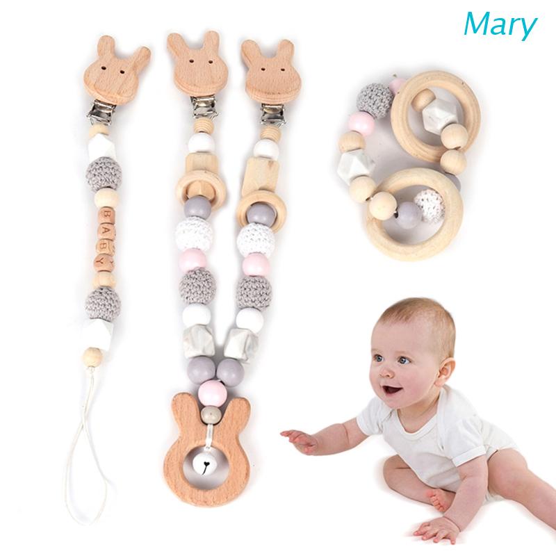 Mary 3Pcs / Set Klip Rantai Empeng / Dot / Teether / Rattle Motif Kartun Hewan + Hollow Untuk Bayi