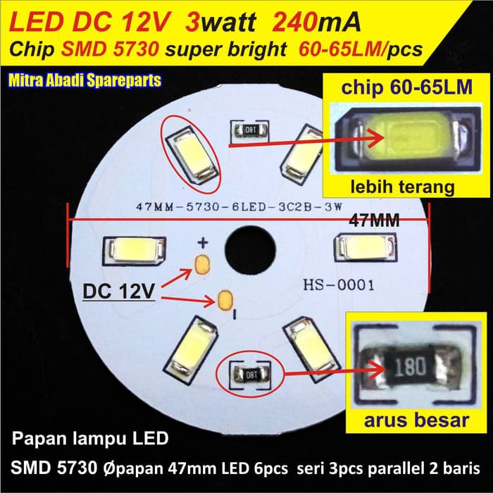 PCB LED DC 12V / 12 Volt SMD5730 / SMD 5730 3W / 3 Watt Aluminium Bermutu