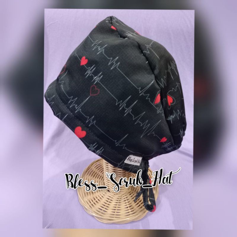 Topi Bedah / Nurse Cap/ Sugical cap/ Topi Motif/Dokter/EKG hitam