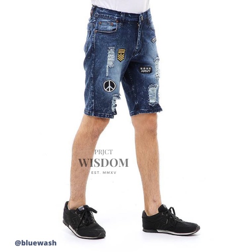 Wisdom / Short Pants Ripped  Skinny Jeans Celana Pendek Pria Sticker Motive Material Denim Softjeans Stretch ORIGINAL - Blue wash