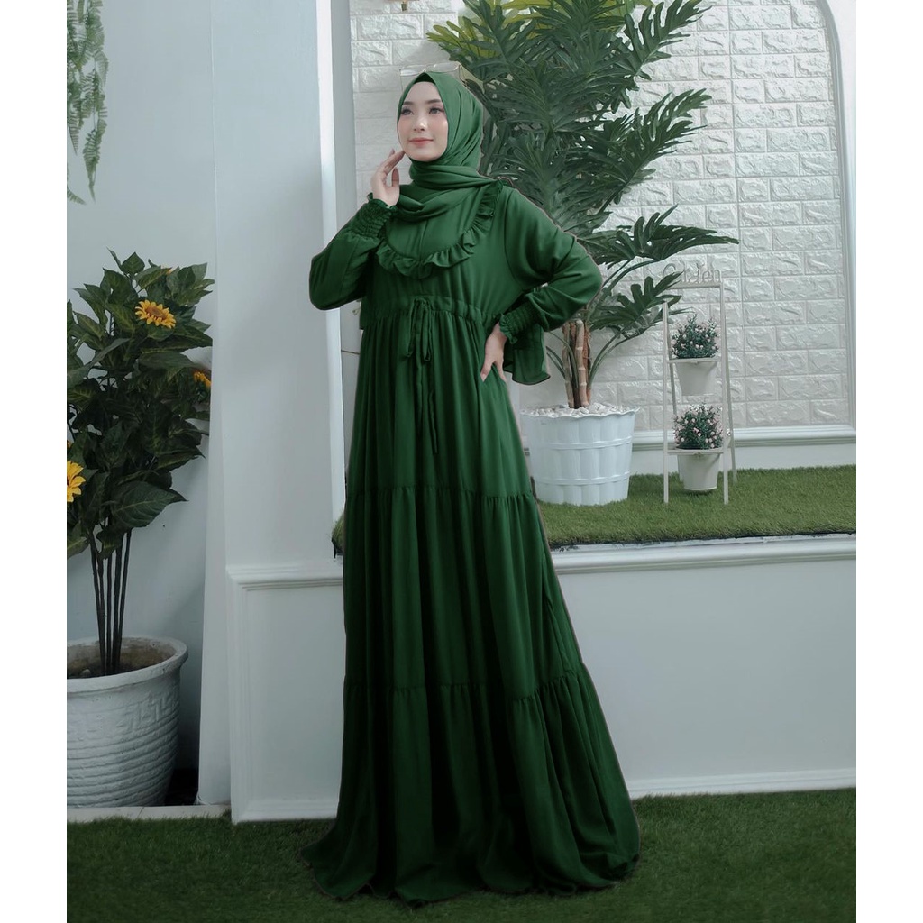 MARIA COLLECTION RD Dress - Gamis Muslim Wanita Remaja Dewasa Busui Style syari Bahan Jersey Lemonskin All Size-hijau botol