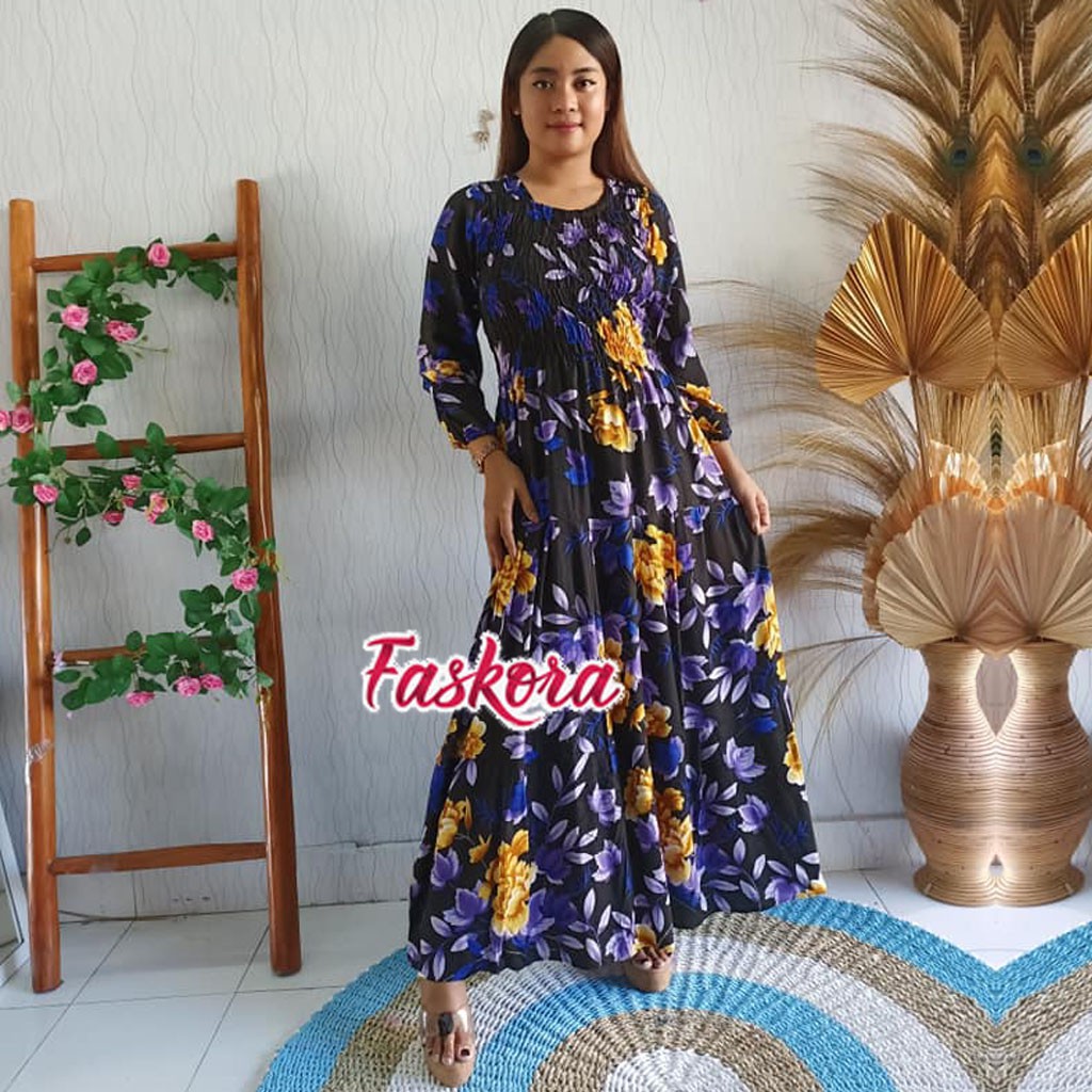 Dress Muslim Wanita Model Terbaru Untuk Remaja / Gamis Jumbo Motif Bunga / Dress Lengan Panjang