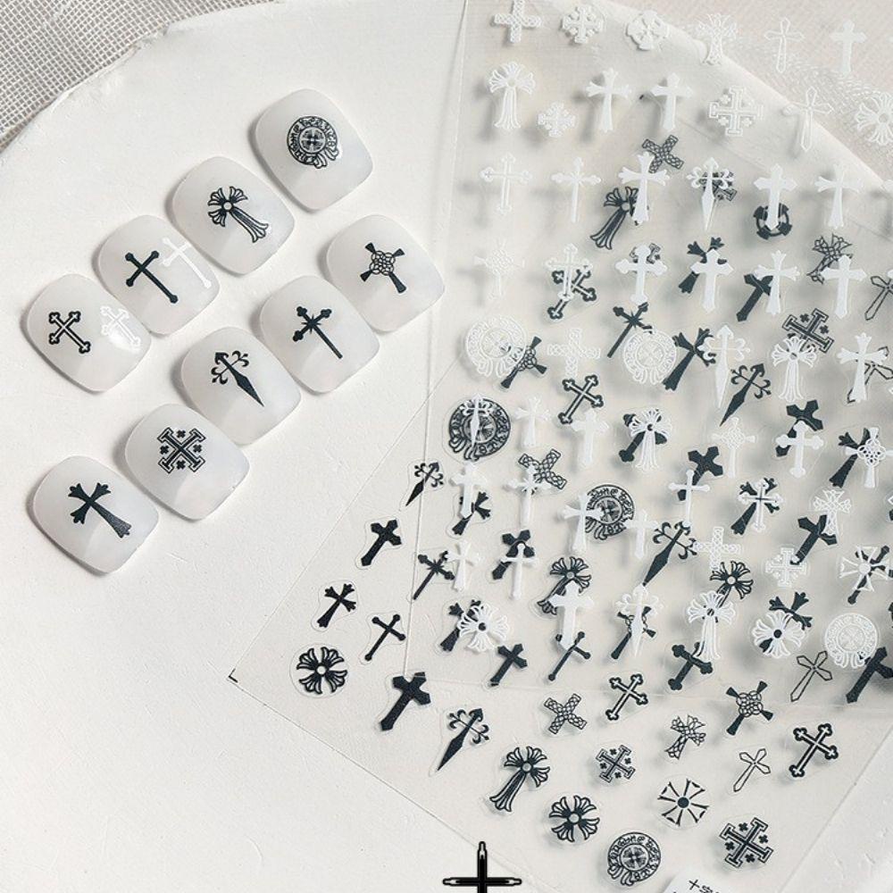 AUGUSTINA Agustina Perekat Stiker Kuku UltraThin Hitam Putih Cross Bintang Kuku Kecantikan Bunga DIY Kuku Decals Nail Art Watermarks