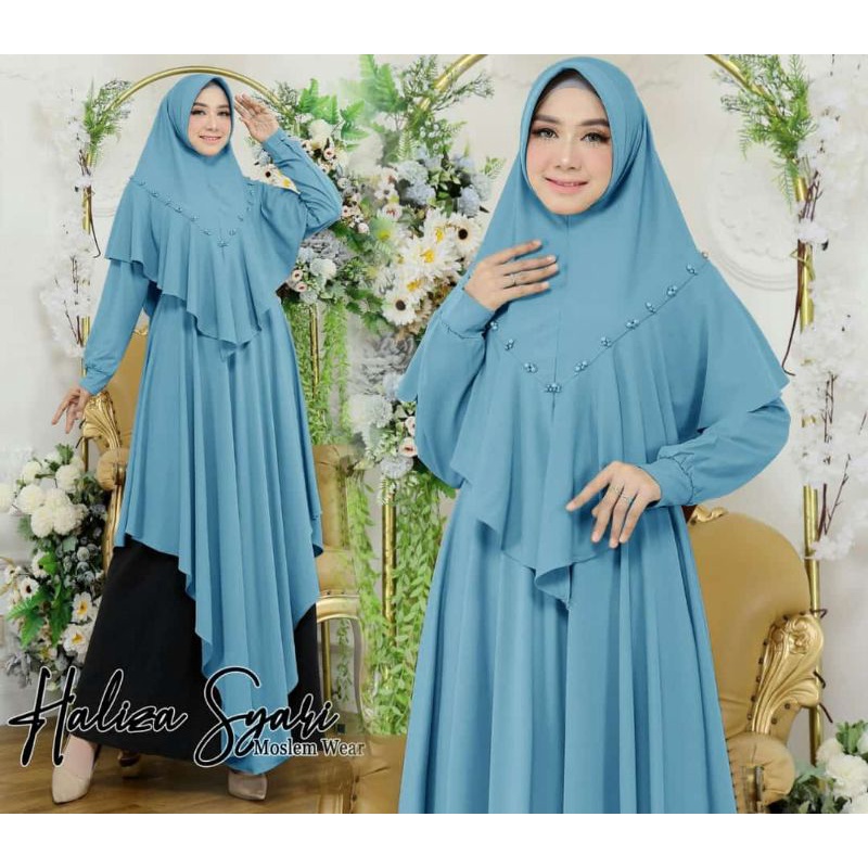 Haliza Syari Set warna biru blue olive Maxi gamis wanita Bergo bahan Moscrepe ukuran size besar jumb