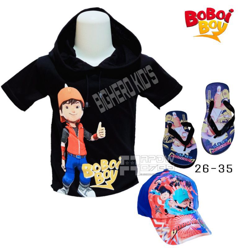 (COD) PAKETAN 3IN1 KAOS HOODIE FASHION ANAK BOBOIBOY, TOPI & SENDAL ANAK