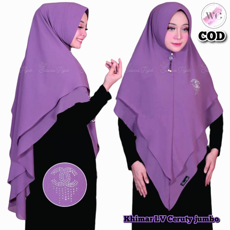 Khimar LV Ceruty Shyrin Jumbo Syar'I Payet Canel Swaroski/Kerudung Khimar LV jumbo Syar'I/bahan ceru