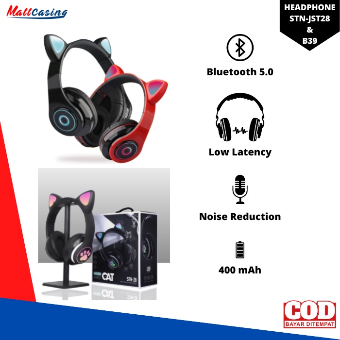 Headset B39 STN28 LED Headphone Kucing Viral Karakter RGB LED Color Gaming Bluetooth Wireless Game Headset anak Perempuan