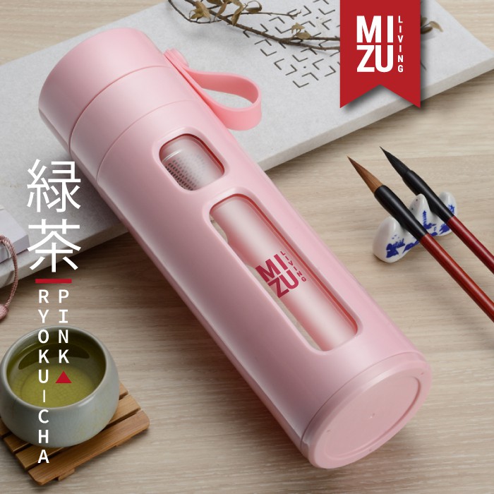 RYOKU-CHA Glass Water Bottle Botol Air Minum Kaca Tumbler 600ml Saringan Teh Infused Water BPA-Free-PINK