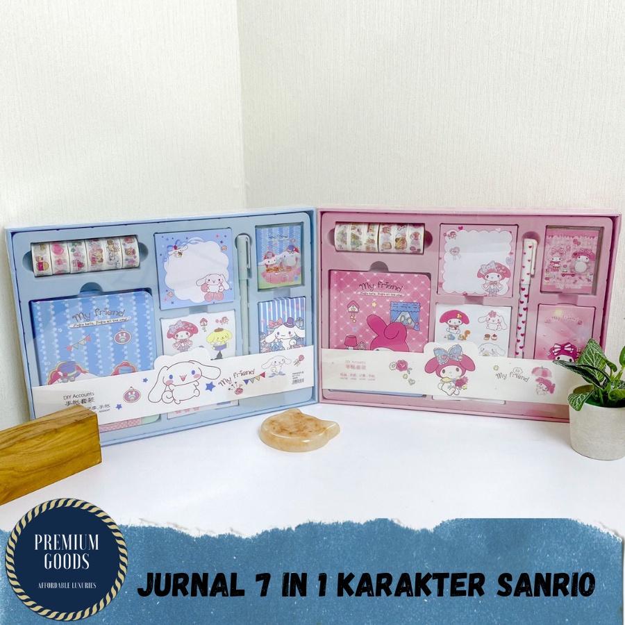

Paket Jurnal Set 7 in 1 Agenda Gift Box Hampers Hadiah Notebook Journal Diary Alat Buku Tulis Lengkap Scrapbook Cute Girl Sanrio Cinnamoroll My Melody Panda Peach Import Grosir Ready COD
