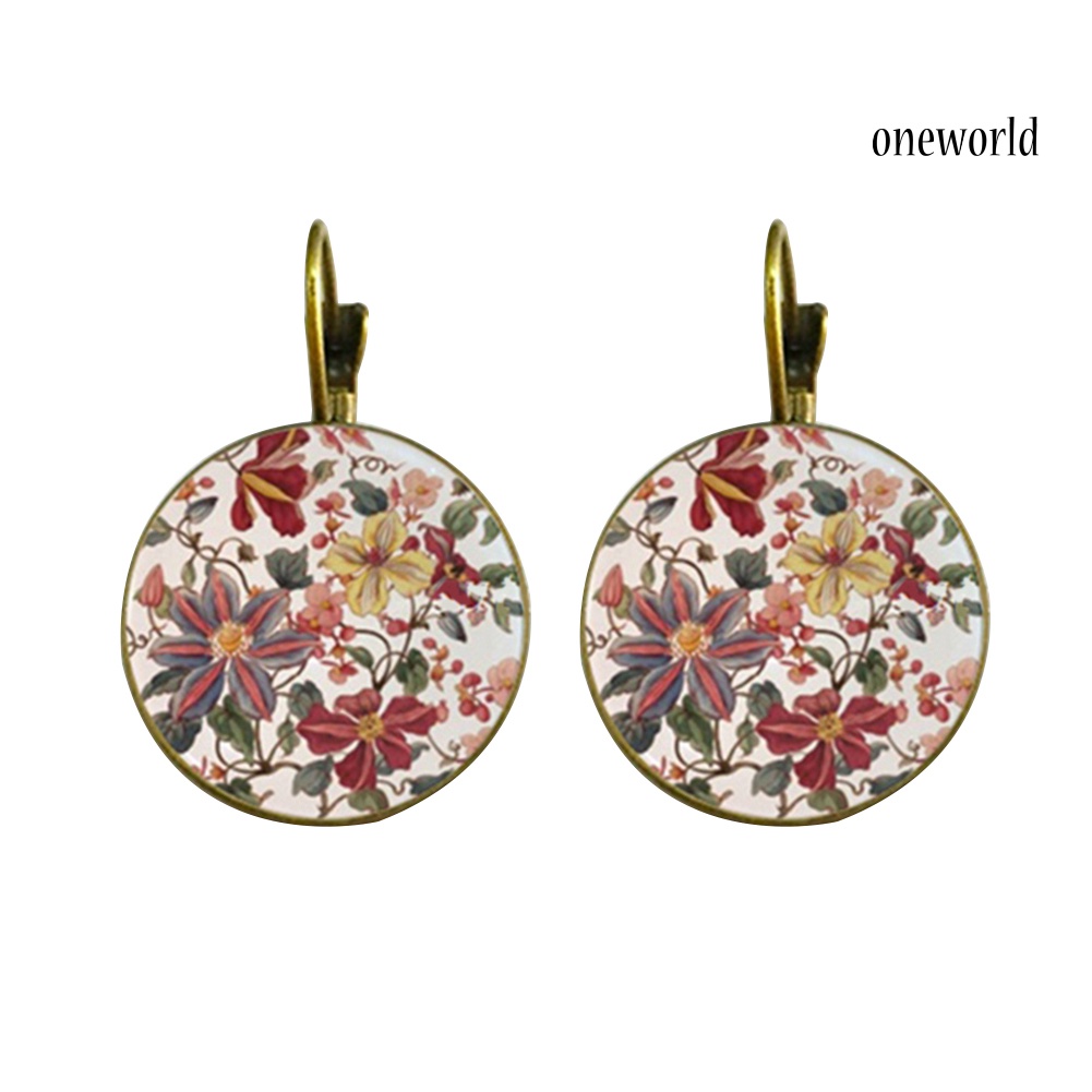 OW@ Vintage Flower Printed Round Pendant Women Leverback Earrings Party Jewelry