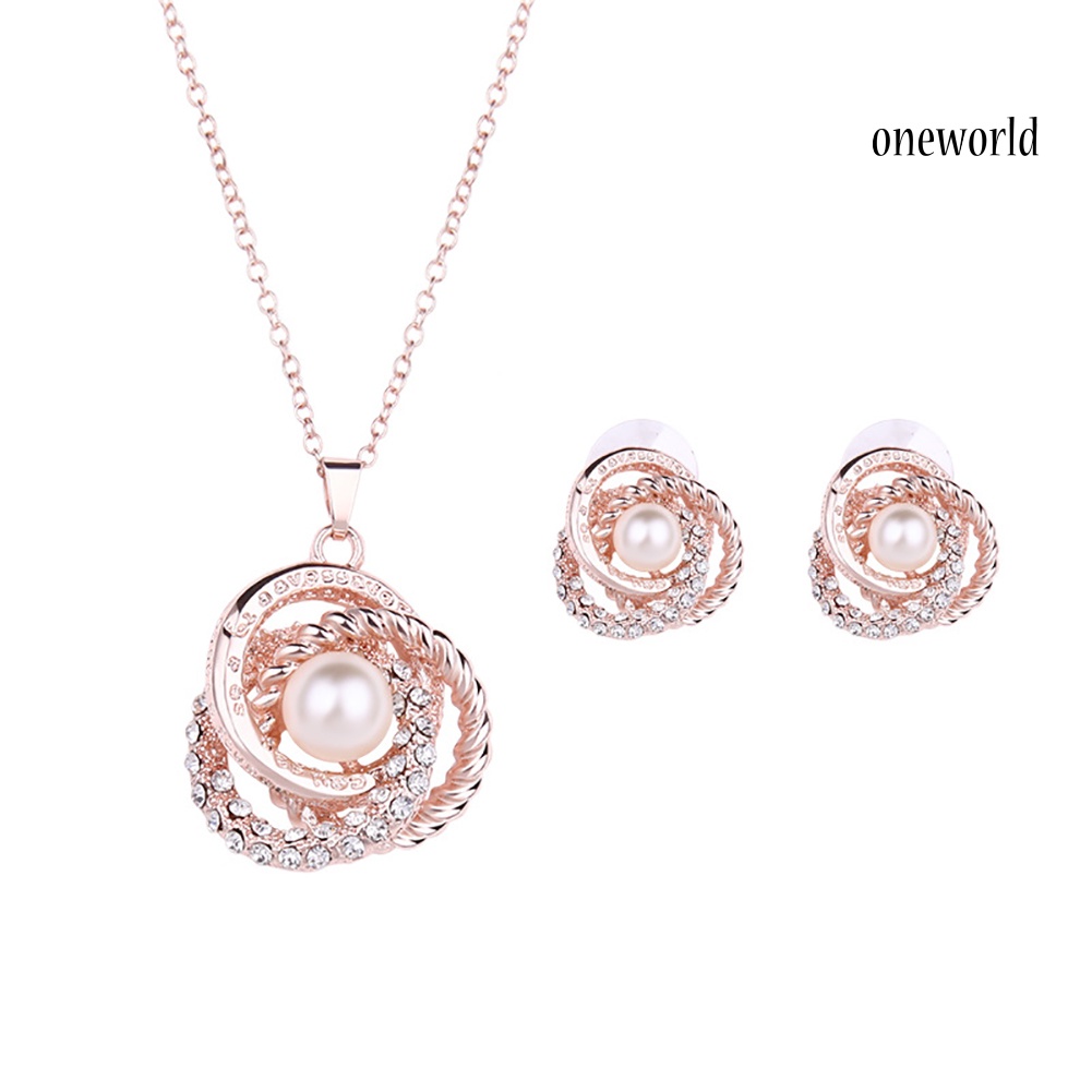 OW@ Women Faux Pearl Rhinestone Inlaid Necklace Earrings Ear Studs Jewelry Set