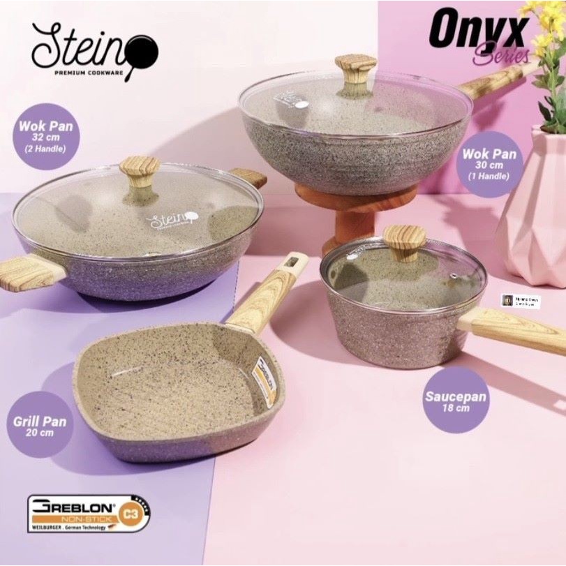 Stein Cookware Paket Kuali Wok Fry Pan Panci Onyx 4 Pcs Glass Lid