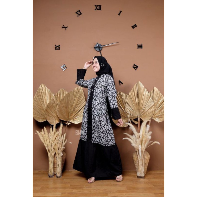 gamis etnik  kombinasi polos