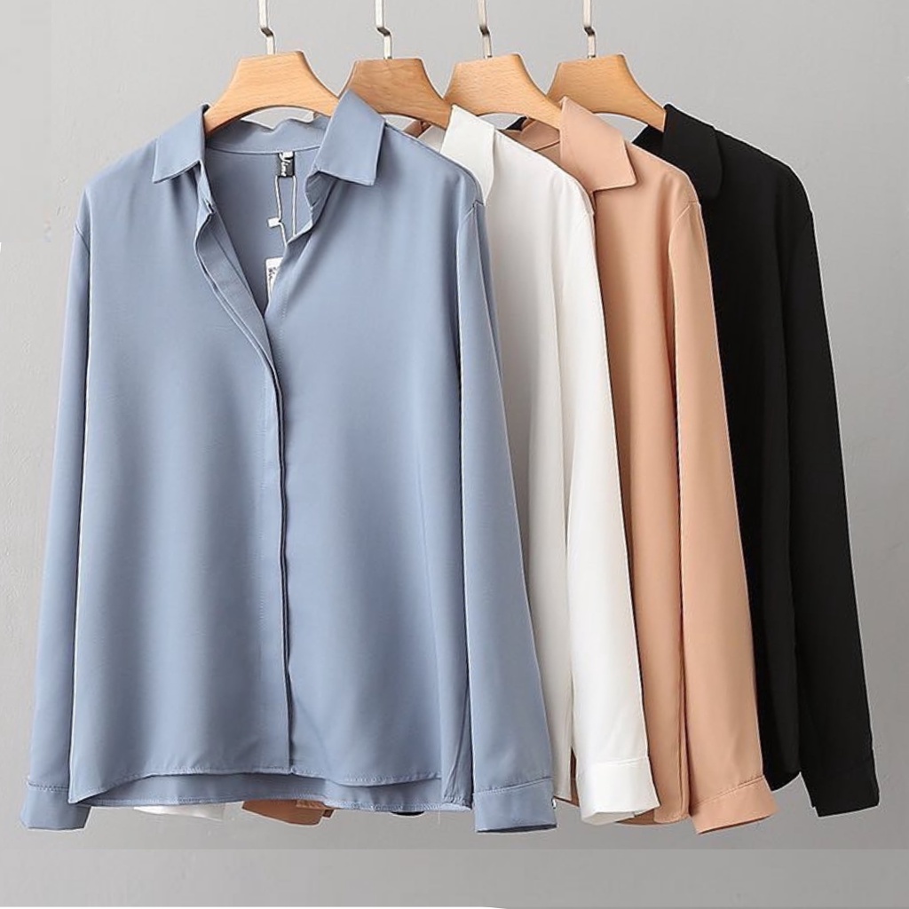 Amor Top Long Shirt Kemeja Polos Basic Korean Premium Fit L Fashion Baju Atasan Blouse Muslim Kerja 