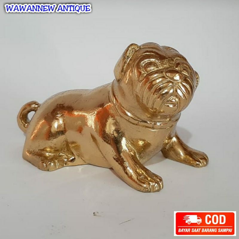 Miniatur Pajangan Meja Lemari Pintu Rumah Kuningan Antik Murah Motif Anjing Bulldog 11.5cm