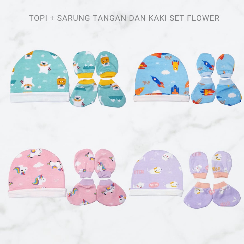 MOMS_TOPI+STK SET FLOWER//TOPI BAYI SARUNG TANGAN KAKI SET NEW BORN