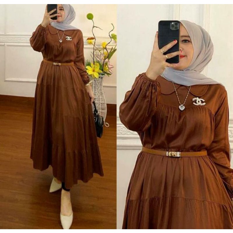 Gamis midi Dress Wanita Anggita Kekinian Terbaru Polos Lengan Panjang Busui