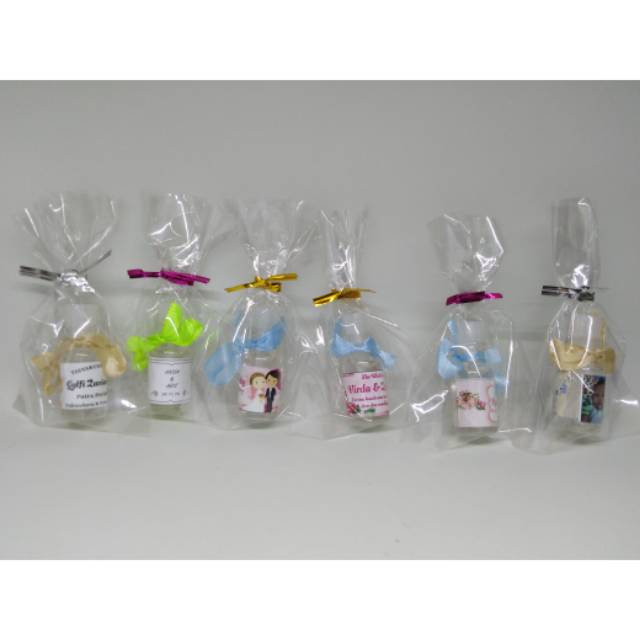 

Souvenir pernikahan, ulang tahun, khitanan, aqiqah, parfum botol 4ml packing plastik polos & pita