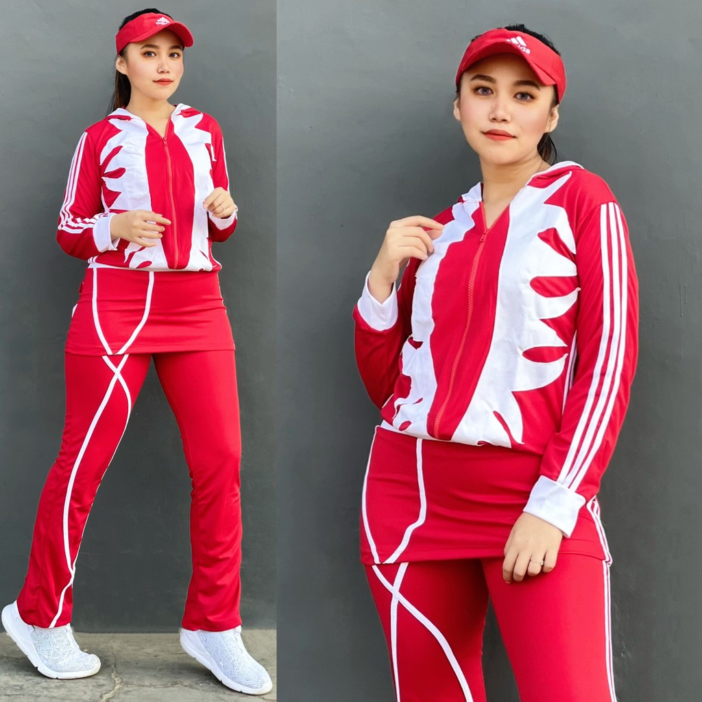 Setelan Baju Senam Lapangan Cakar Panjang Merah Putih  Hijab Cycling Olahraga Muslim