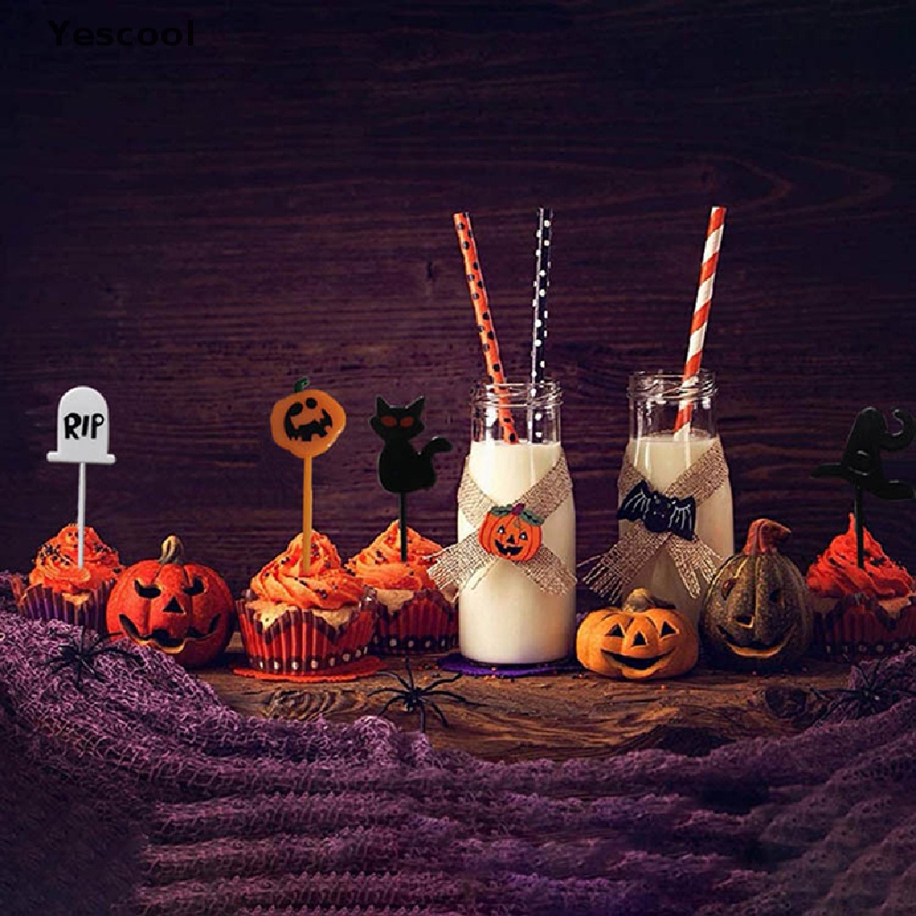 Yescool 10pcs / Pak Tusuk Gigi Buah / Kue / Dessert Tema Halloween Untuk Anak